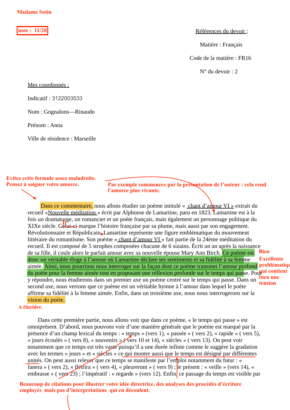 Prévisualisation du document Analyse Chant d'amour de Lamartine (copie corrigée)