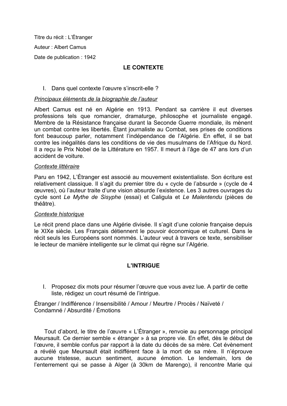 Prévisualisation du document Analyse complète de L'Etranger d'Albert Camus