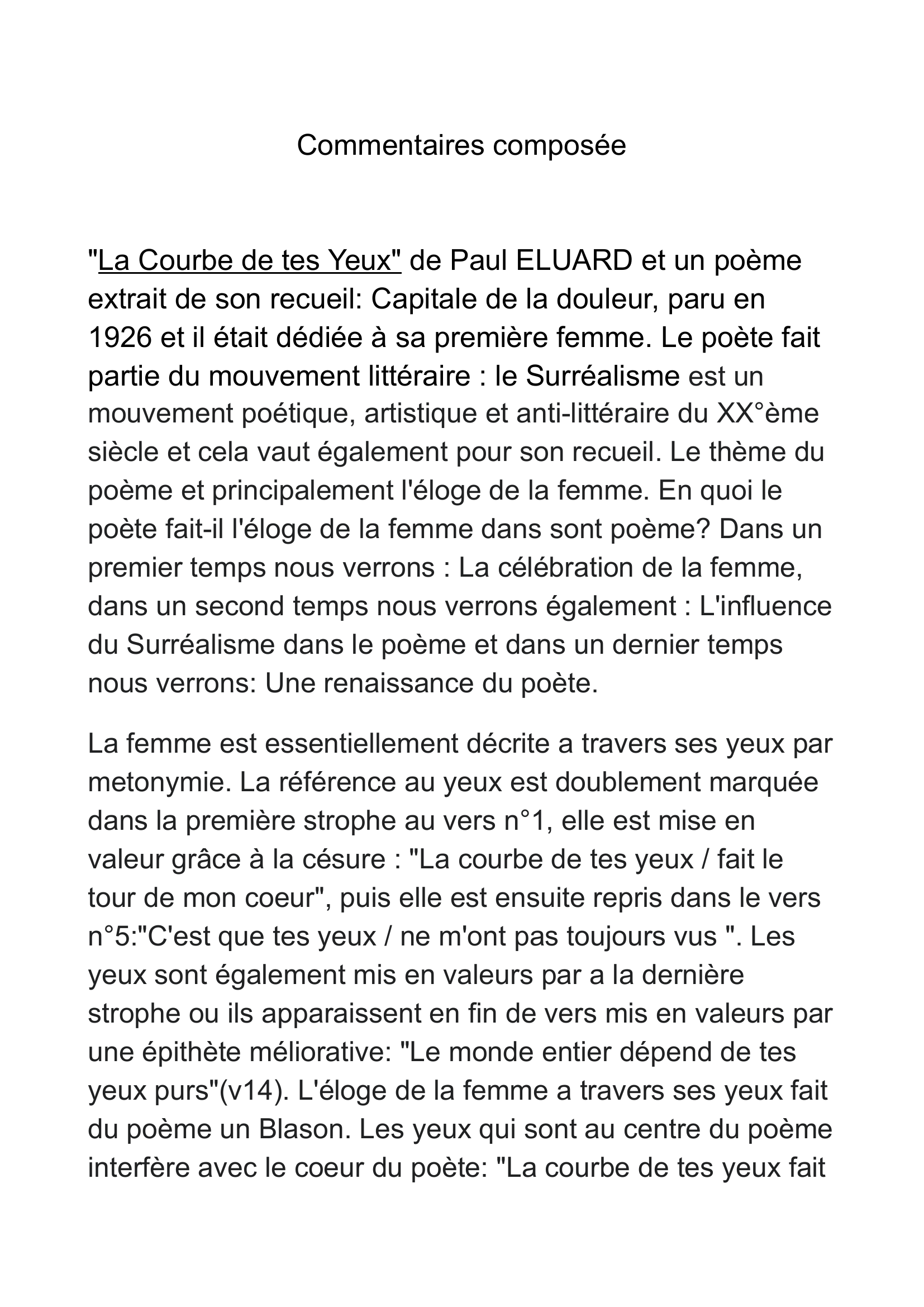 Prévisualisation du document Analyse de La courbe de tes yeux de Paul Éluard