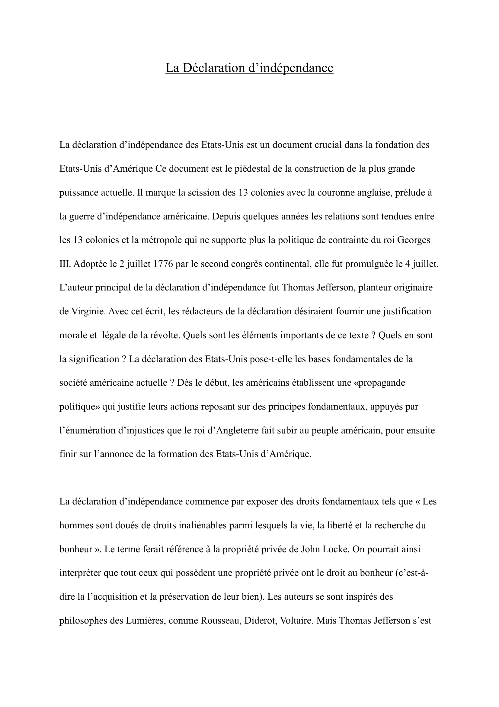 Prévisualisation du document Analyse de la déclaration d'indépendance des Etats-Unis