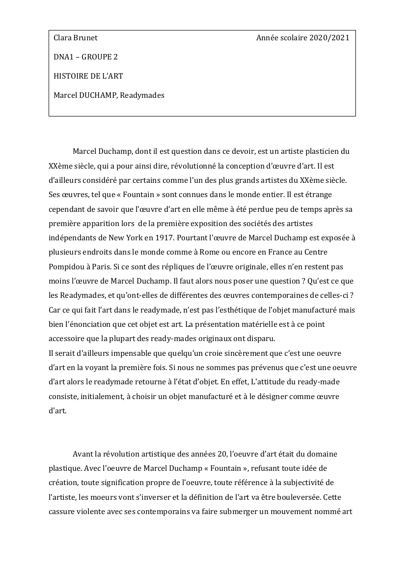 Prévisualisation du document analyse de la notion d'oeuvre d'art à travers le point de vue de Marcel Duchamp