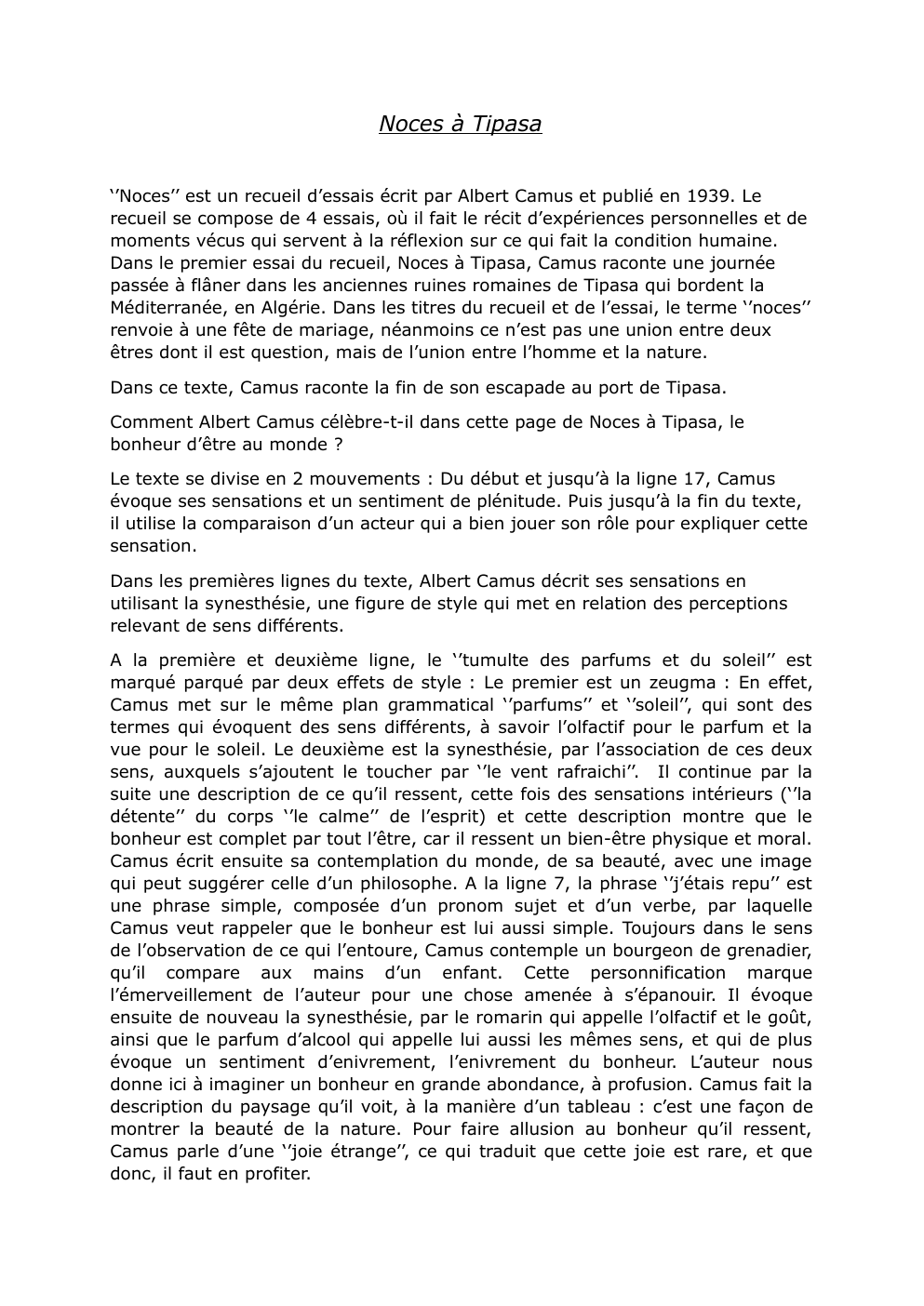 Prévisualisation du document Analyse de Noces à Tipasa d'Albert Camus