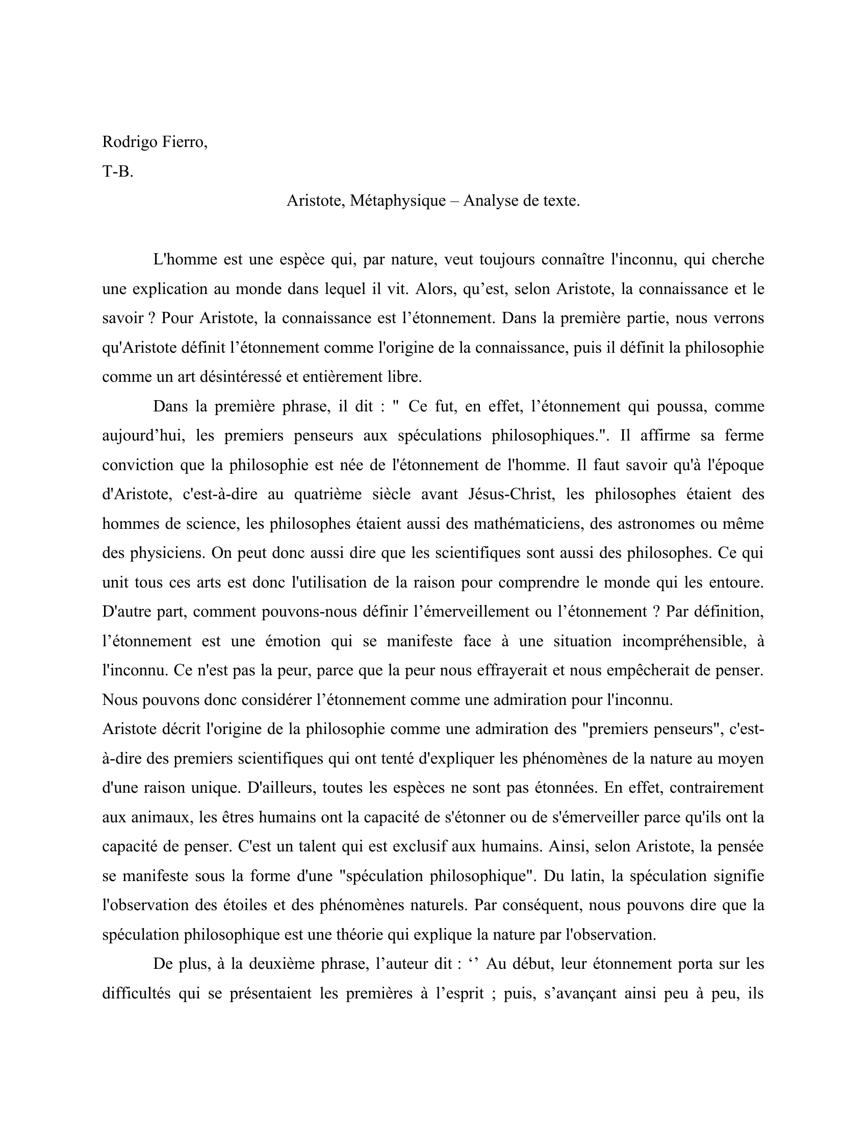 Prévisualisation du document Analyse de texte - Aristote, Métaphysique: l'étonnement philosophique