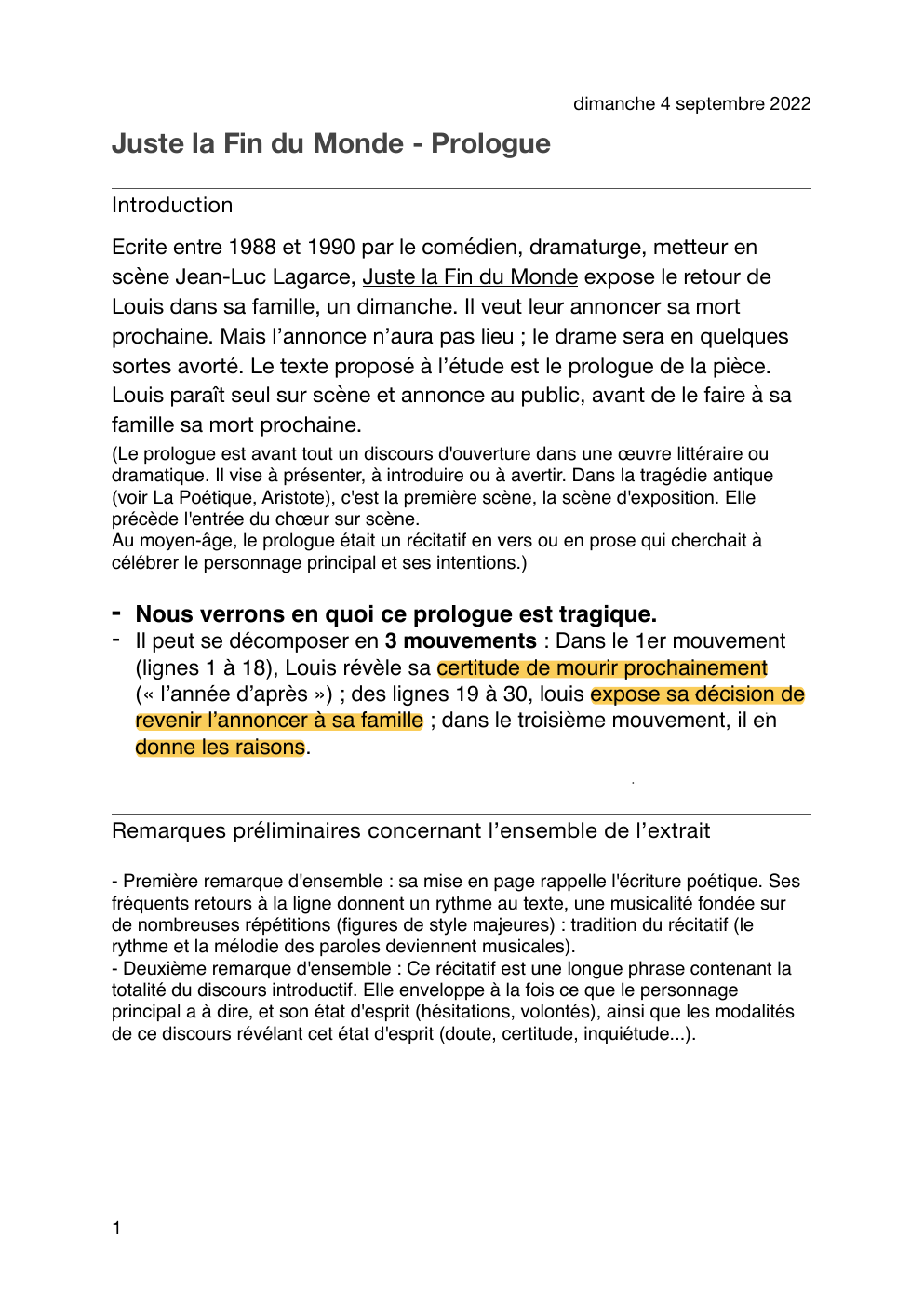 Prévisualisation du document Analyse de texte juste la fin du monde