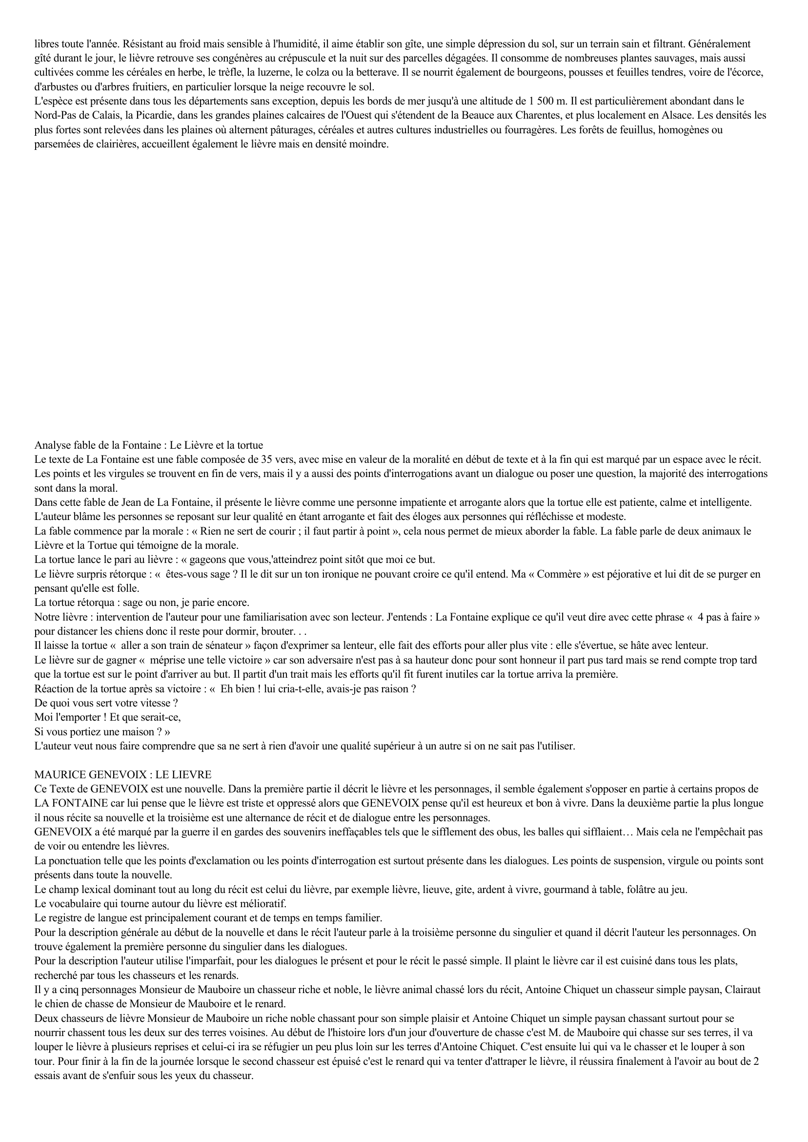 Prévisualisation du document ANALYSE DE TEXTE : Le lièvre et la tortue de Jean de La Fontaine et Tendre Bestiaire, Le Lièvre de Maurice Genevoix