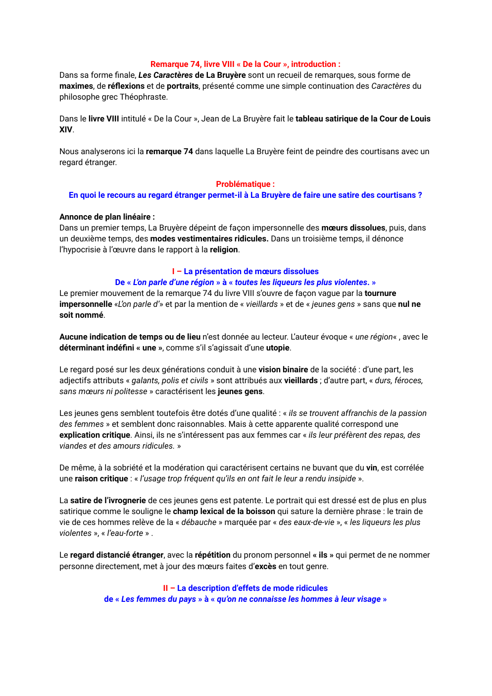 Prévisualisation du document Analyse de texte pour le bac de français - Remarque 74, livre VIII « De la Cour »