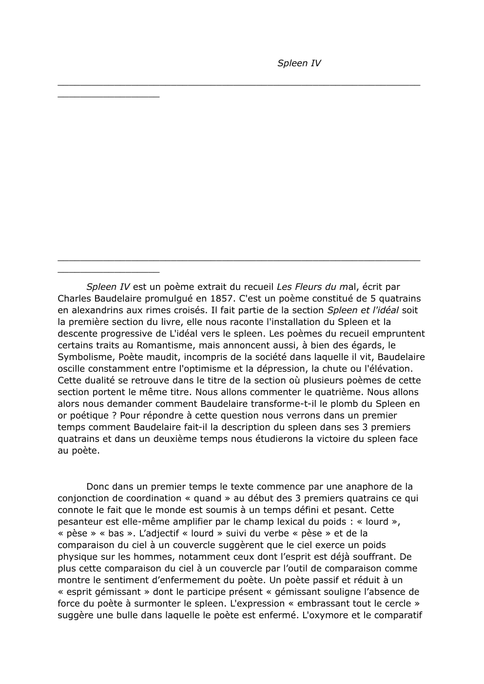 Prévisualisation du document Analyse de texte : Spleen IV