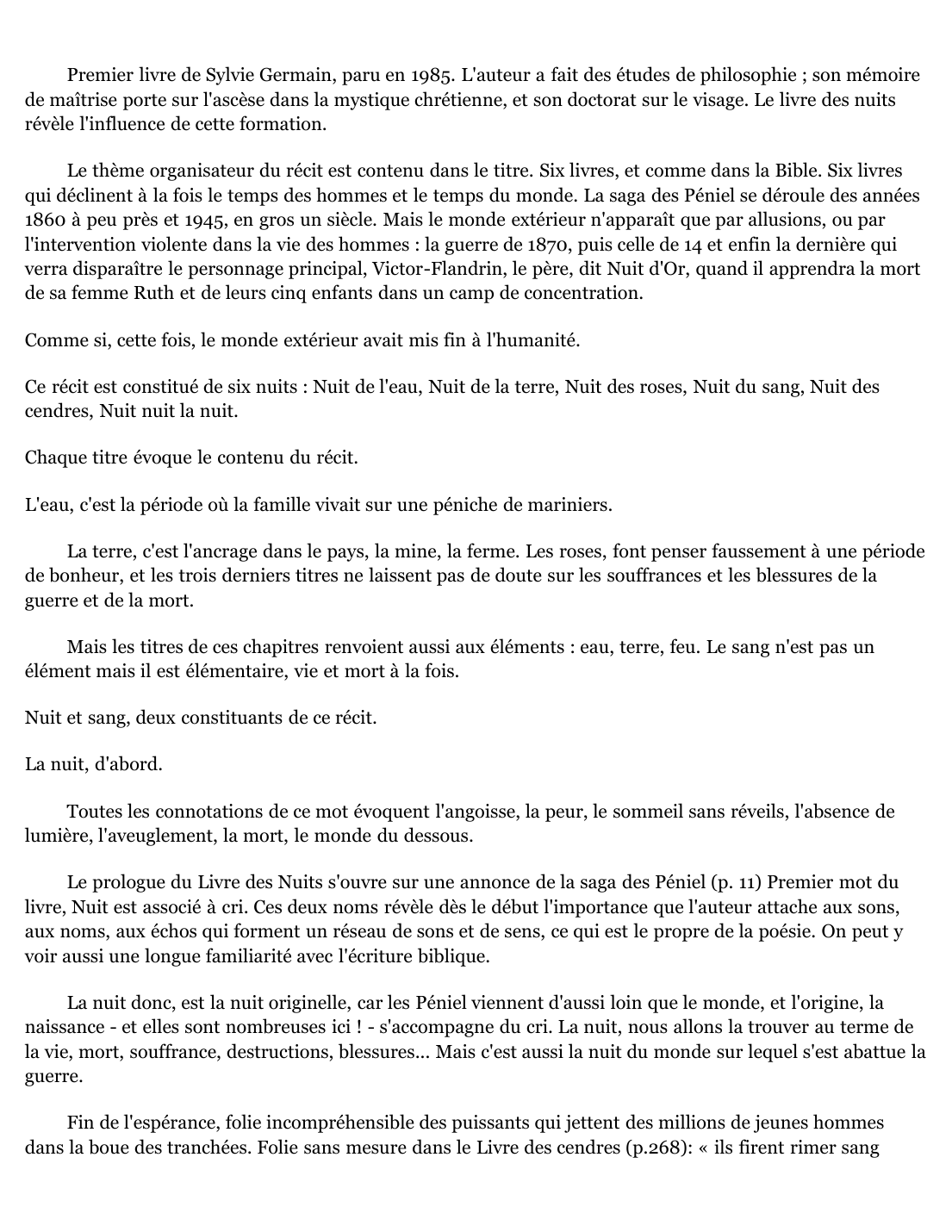 Prévisualisation du document Analyse des thèmes du livre "Des Nuits" de Sylvie Germain