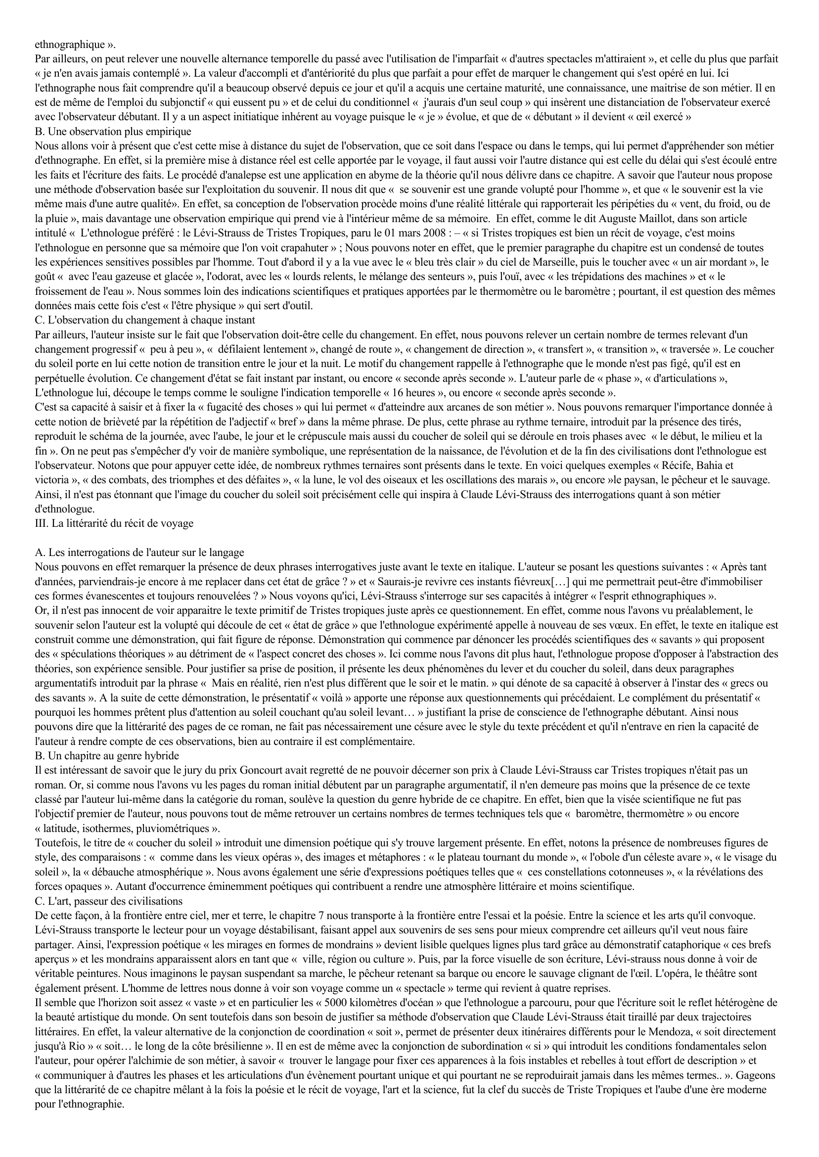 Prévisualisation du document Analyse du chapitre 7 de Tristes Tropiques « le coucher du soleil », de Claude Lévi-Strauss