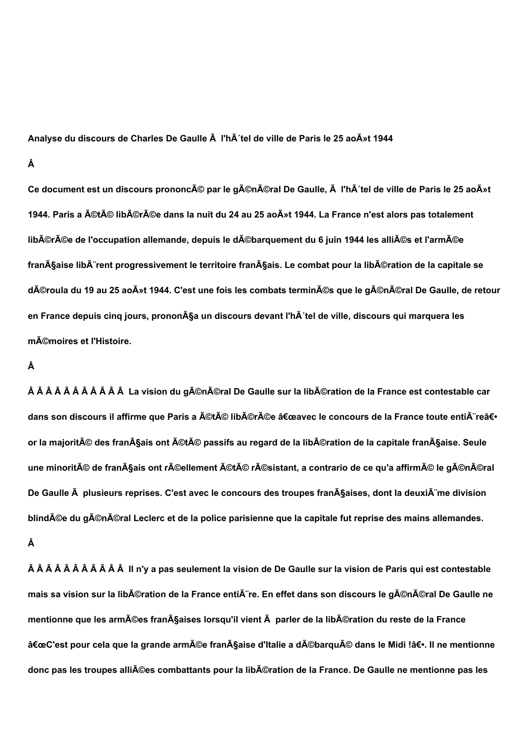 Prévisualisation du document Analyse du discours de Charles De Gaulle à l’hôtel de ville de Paris le 25 août 1944   Ce document est un discours prononcé par le général De Gaulle, à l’hôtel de ville de Paris le 25 août 1944.