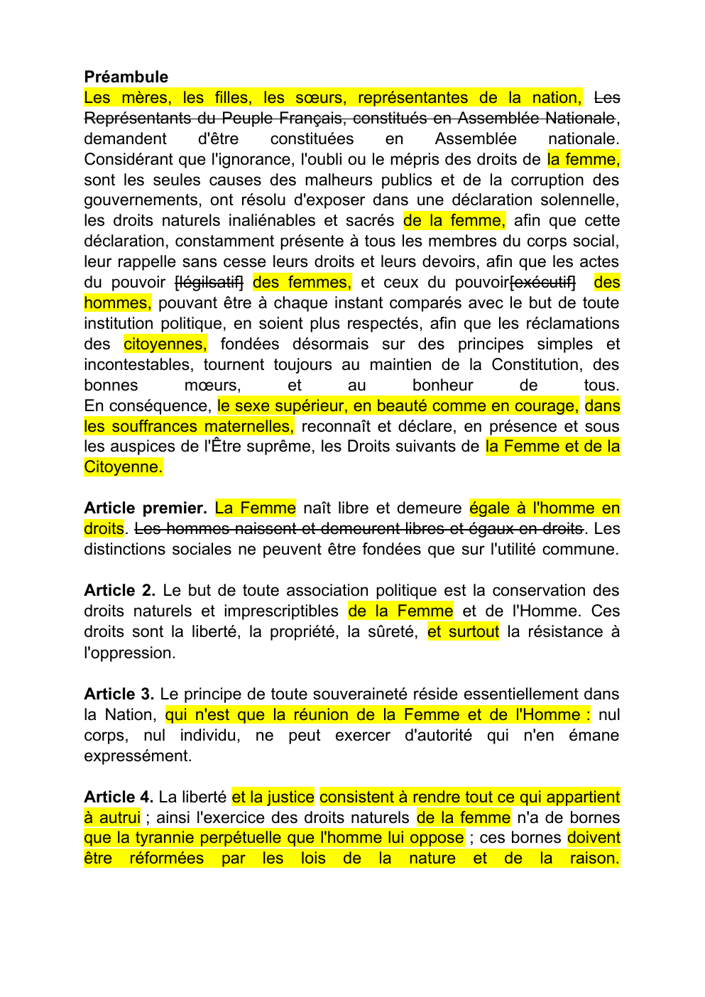 Prévisualisation du document Analyse du préambule +4 articles de la DDFC d'Olympe de Gouges