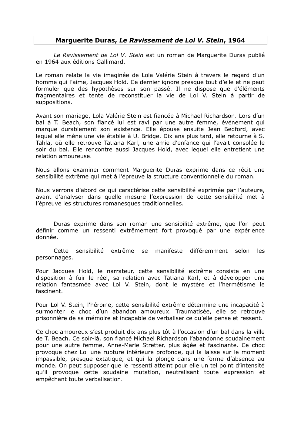 Prévisualisation du document Analyse du roman Le Ravissement de Lol V. Stein de Marguerite Duras