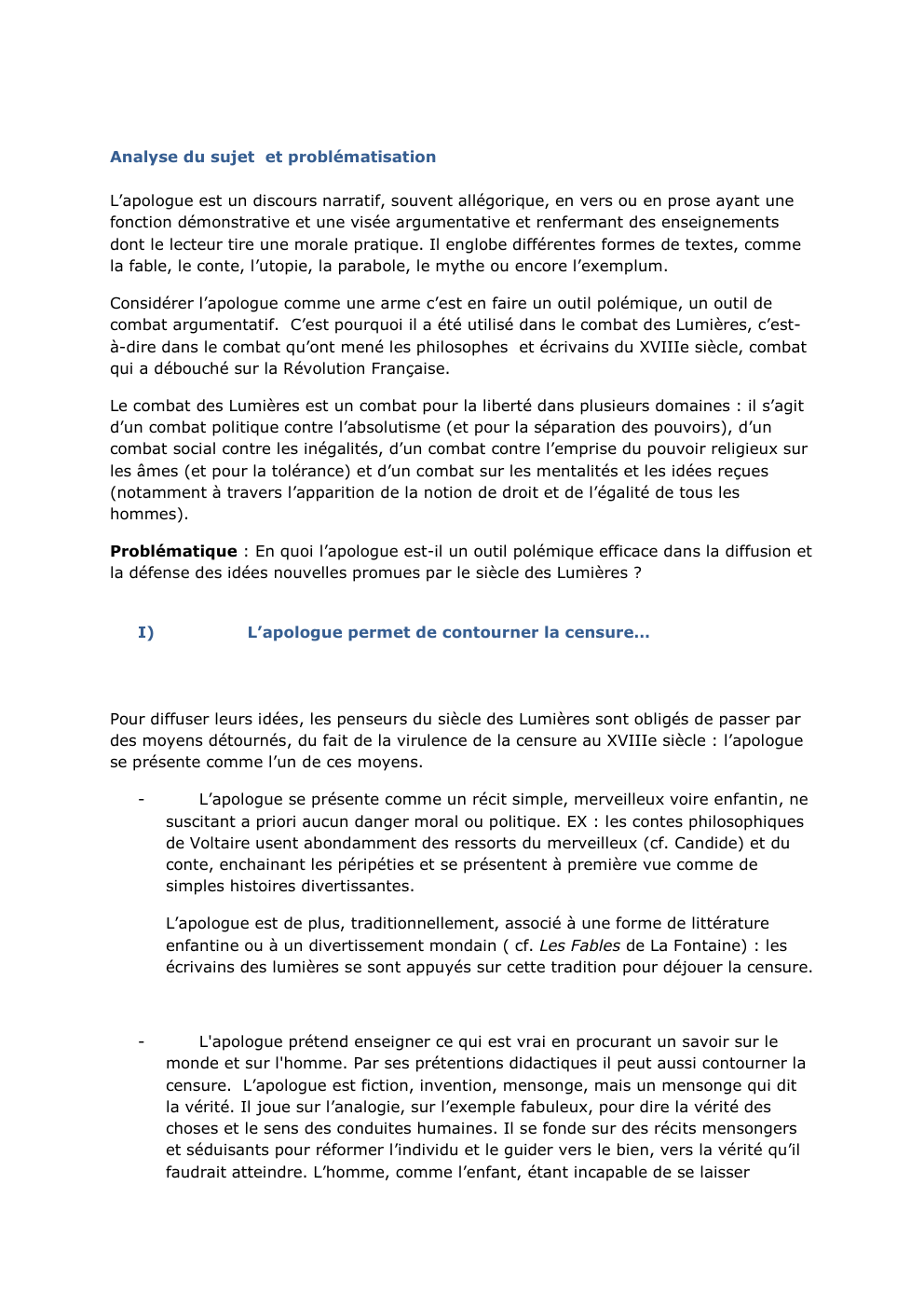 Prévisualisation du document Analyse du sujet et problématisation
L’apologue est un discours narratif, souvent allégorique, en vers ou en prose ayant une
fonction...