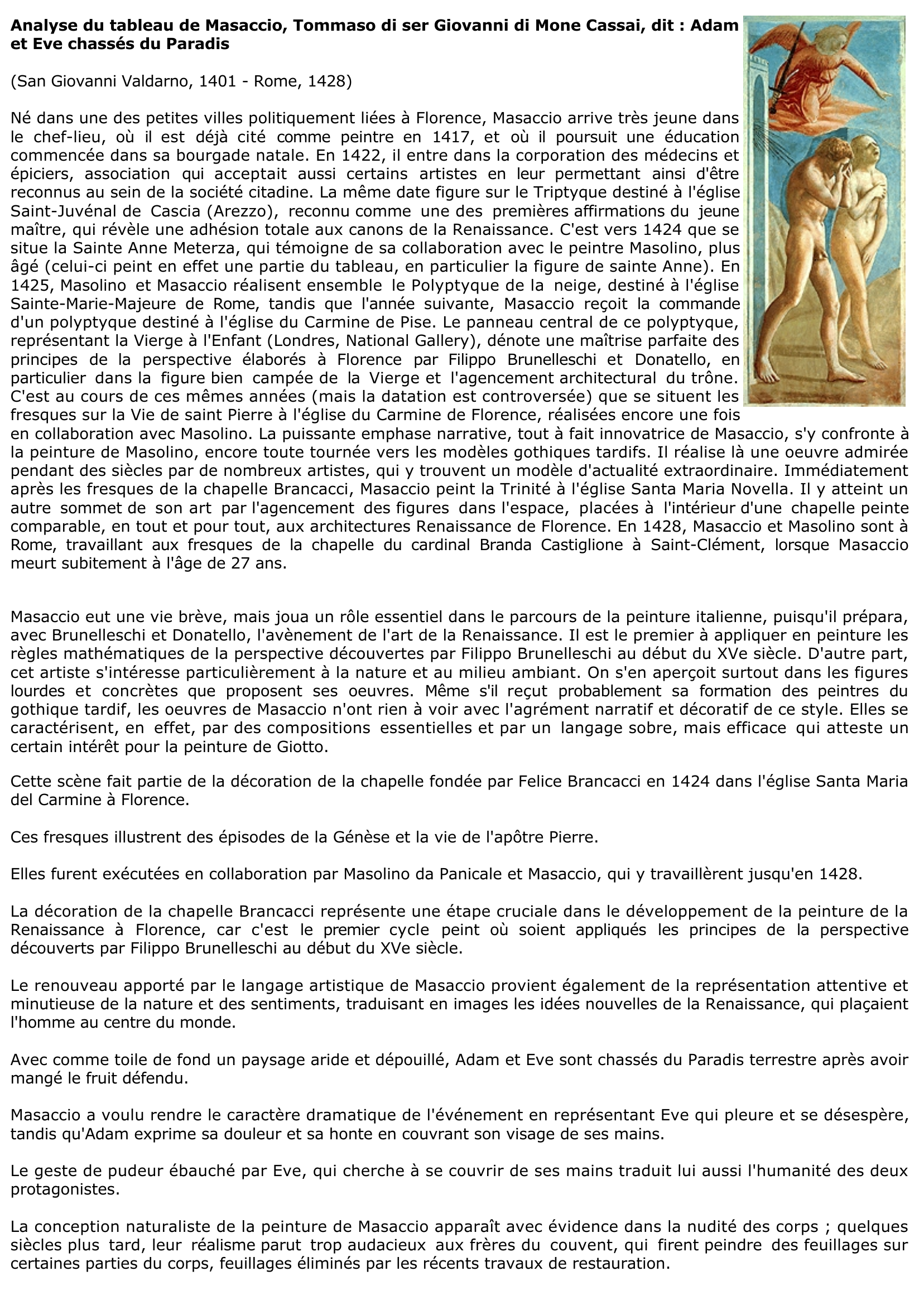 Prévisualisation du document Analyse du tableau de Masaccio, Tommaso di ser Giovanni di Mone Cassai, dit : Adam et Eve chassés du Paradis