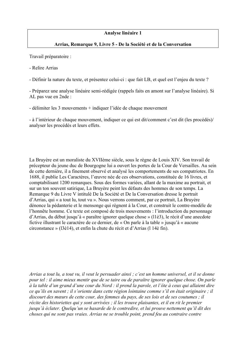 Prévisualisation du document Analyse linéaire 1 Arrias, Remarque 9, Livre 5 - De la Société et de la Conversation