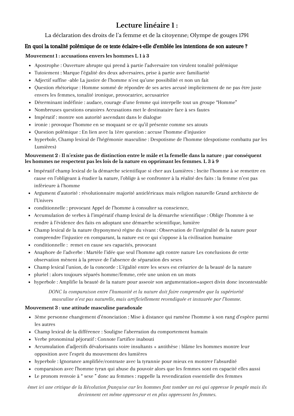 Prévisualisation du document analyse linéaire 1 DDFC Olympes de Gouges