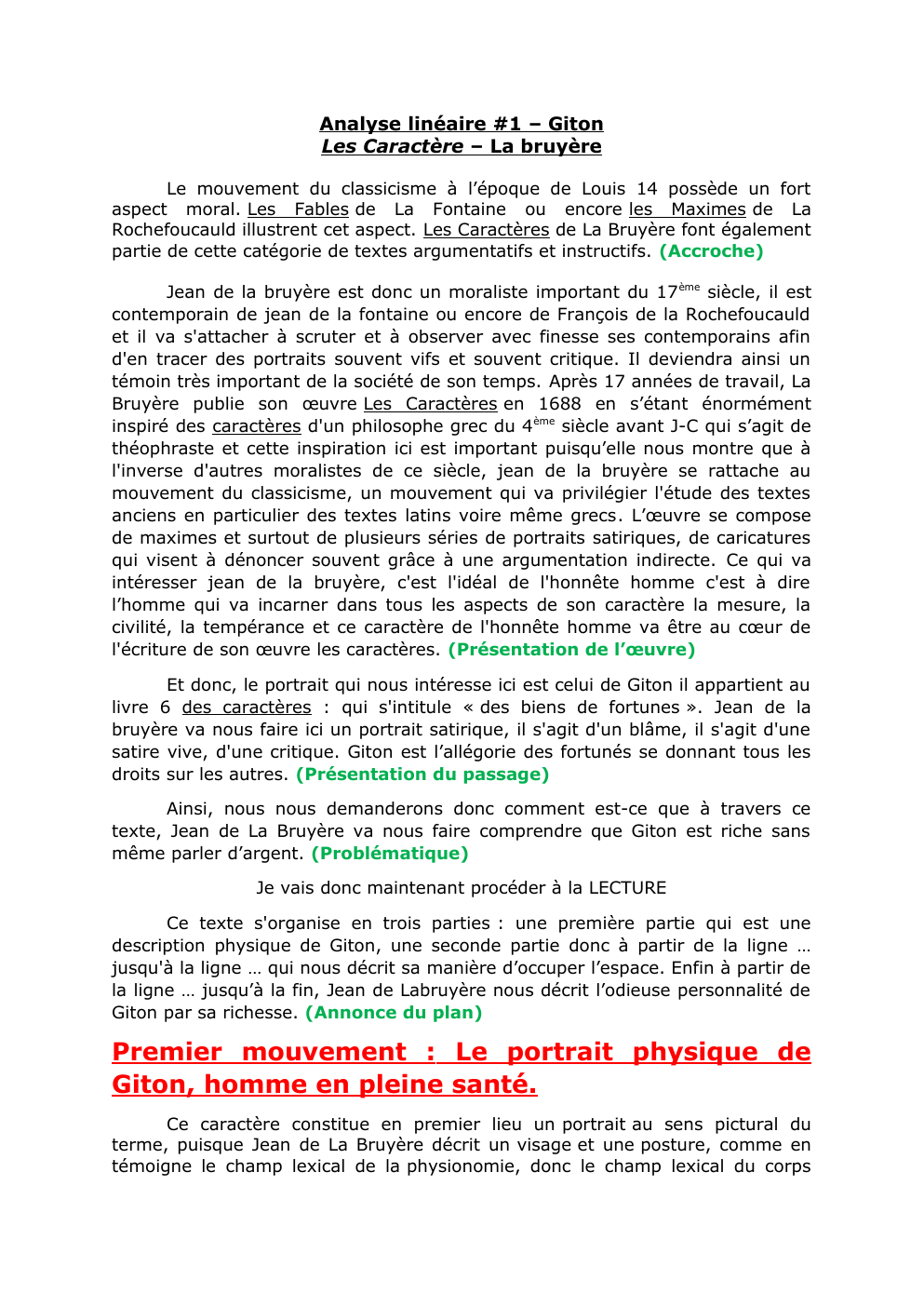 Prévisualisation du document Analyse linéaire #1 – Giton Les Caractère – La bruyère