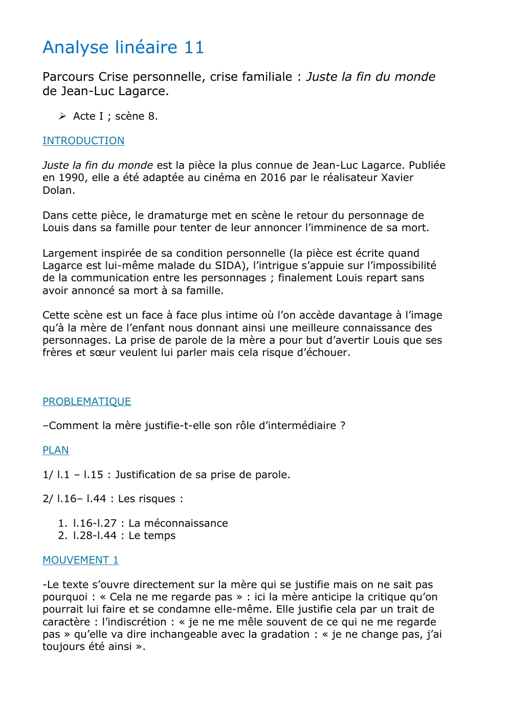 Prévisualisation du document Analyse linéaire 11 Parcours Crise personnelle, crise familiale : Juste la fin du monde de Jean-Luc Lagarce.  Acte I ; scène 8.