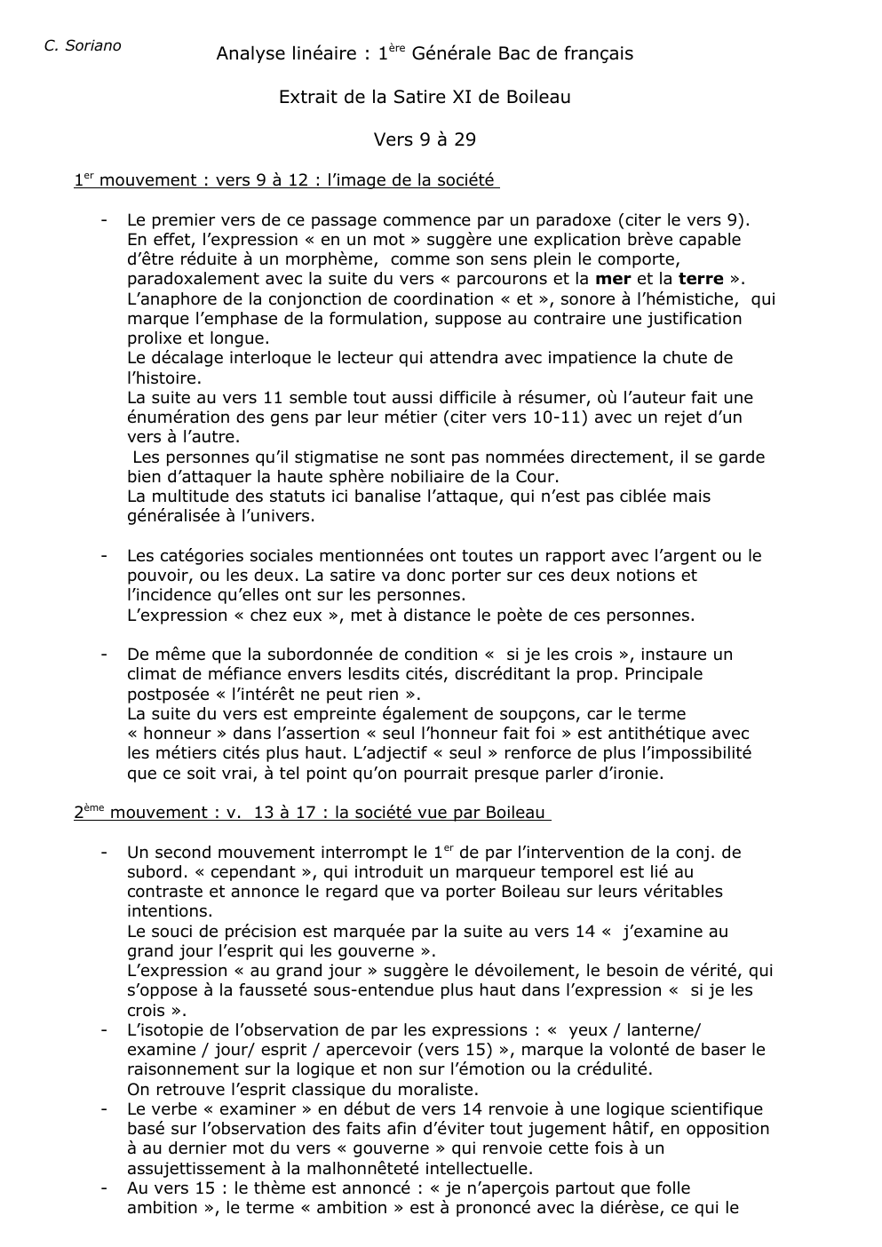 Prévisualisation du document Analyse linéaire : 1ère Générale Bac de français Extrait de la Satire XI de Boileau Vers 9 à 29