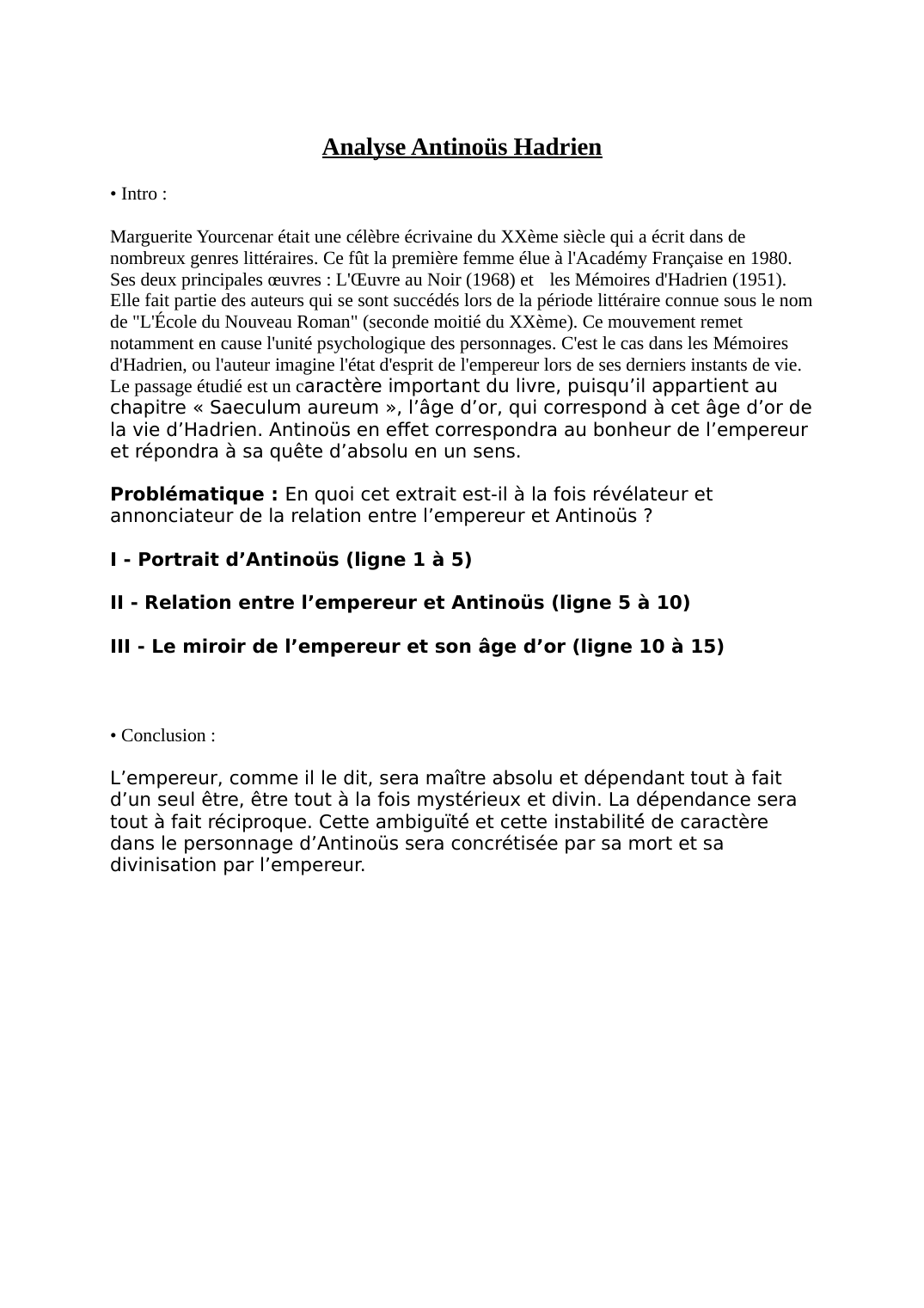 Prévisualisation du document Analyse linéaire Antinous in Les Mémoires d'Hadrien de Marguerite Yourcenar