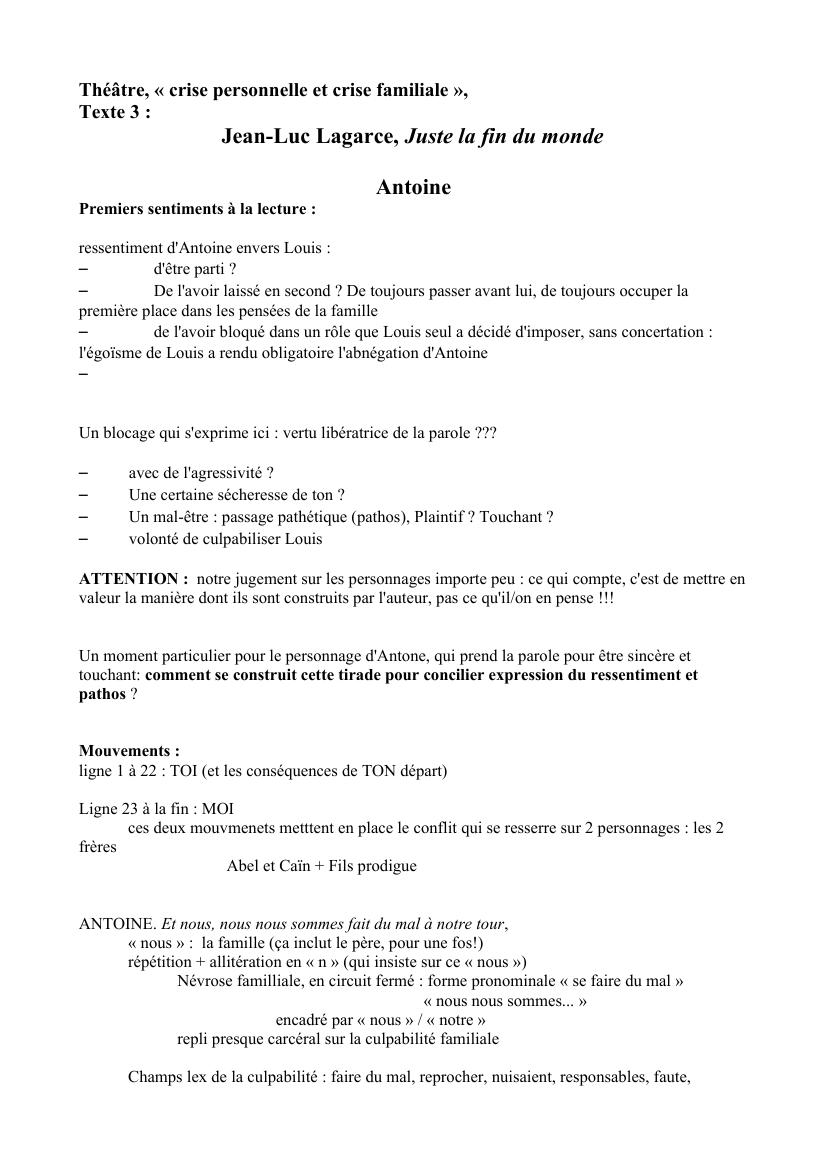 Prévisualisation du document Analyse linéaire Antoine monologue Juste la fin du monde