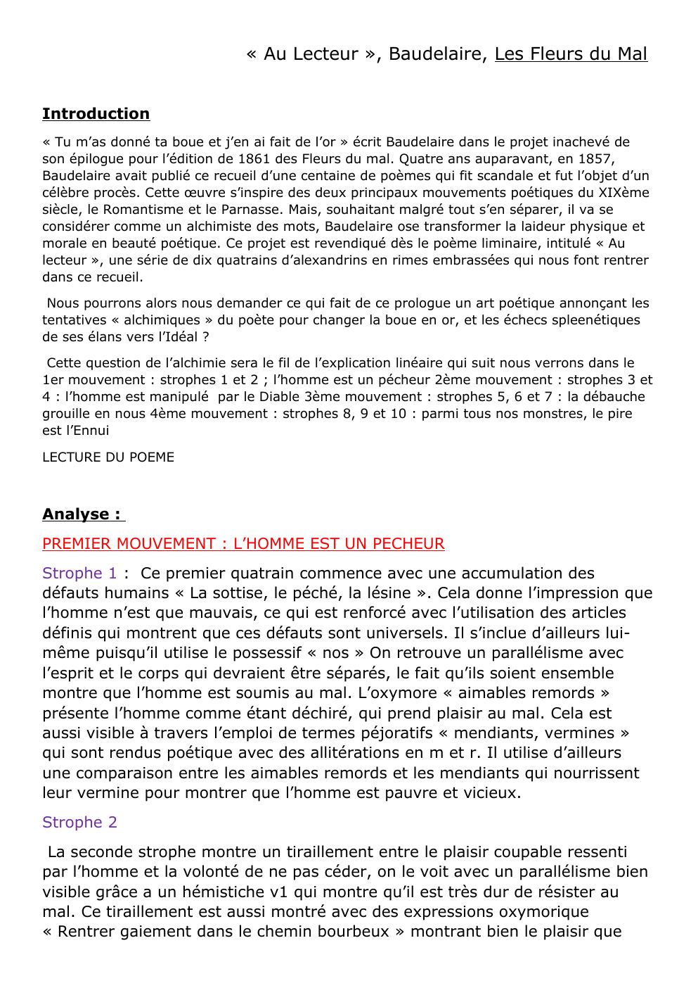 Prévisualisation du document analyse linéaire au lecteur Baudelaire