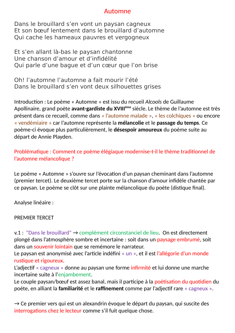 Prévisualisation du document Analyse linéaire Automne d'Apollinaire