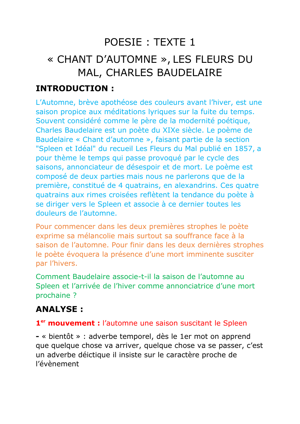 Prévisualisation du document analyse linéaire "chant d'automne" Baudelaire