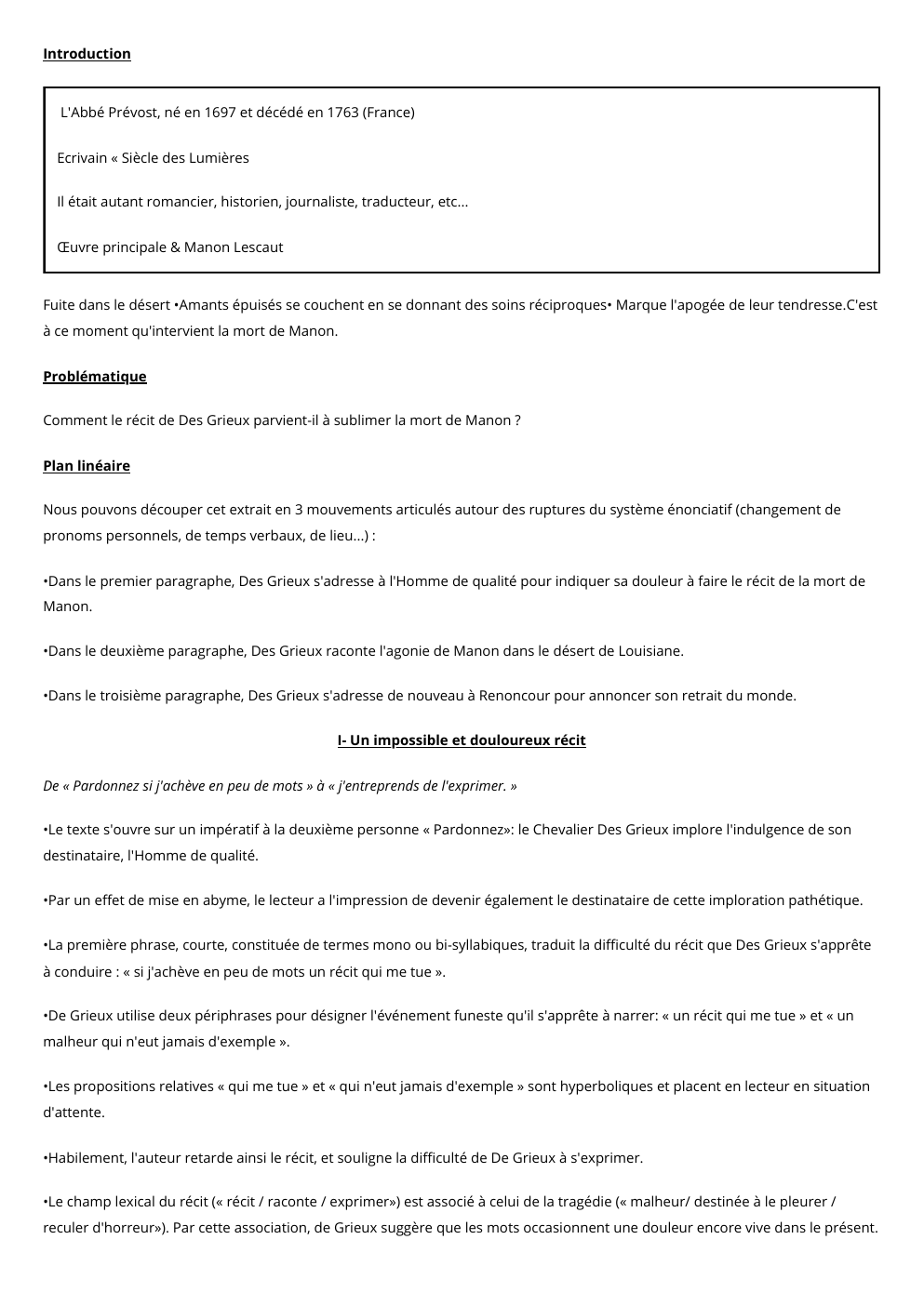 Prévisualisation du document Analyse linéaire Comment le récit de Des Grieux parvient-il à sublimer la mort de Manon ?