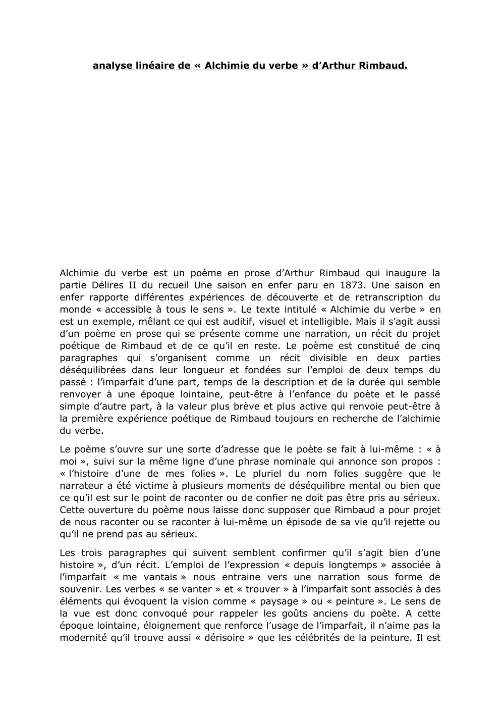 Prévisualisation du document analyse linéaire de « Alchimie du verbe » d’Arthur Rimbaud.