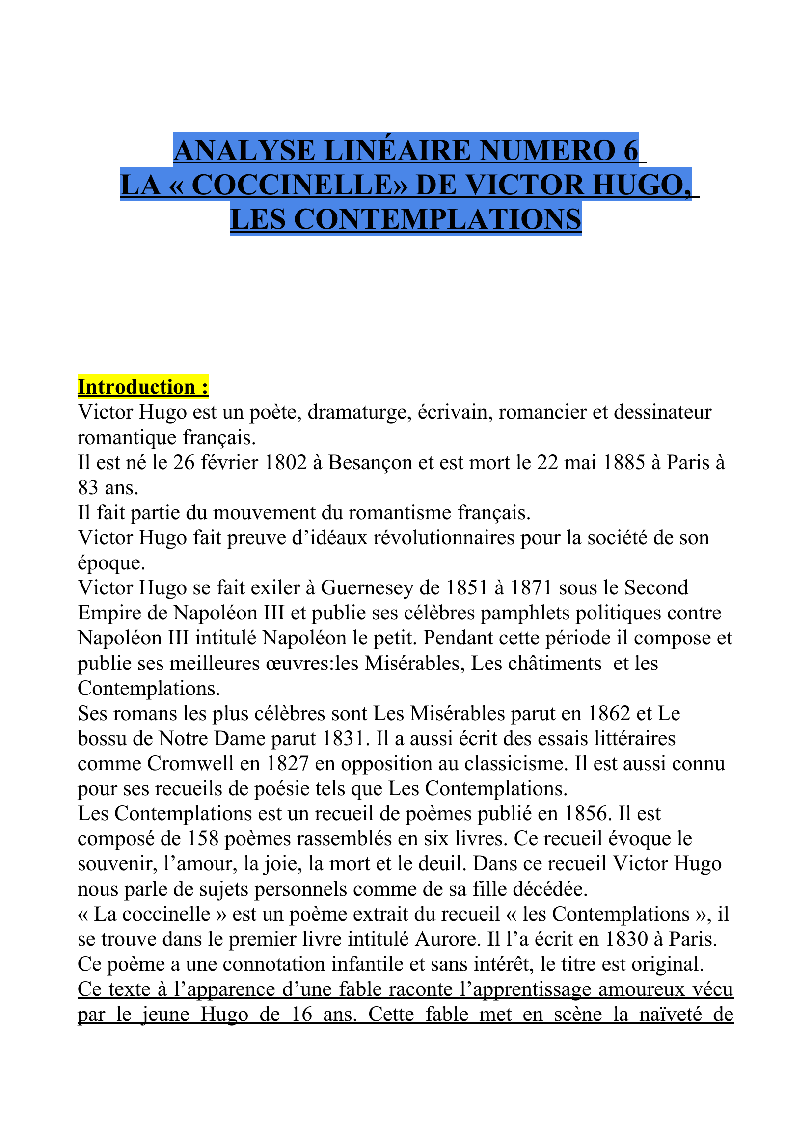 Prévisualisation du document analyse linéaire de la Coccinelle Victor Hugo