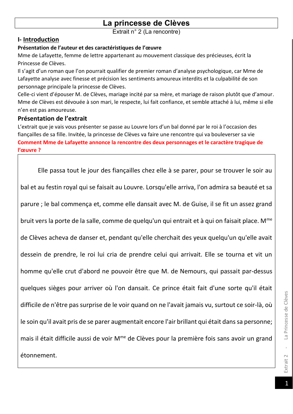 Prévisualisation du document Analyse linéaire de la princesse de Clèves, "La rencontre"