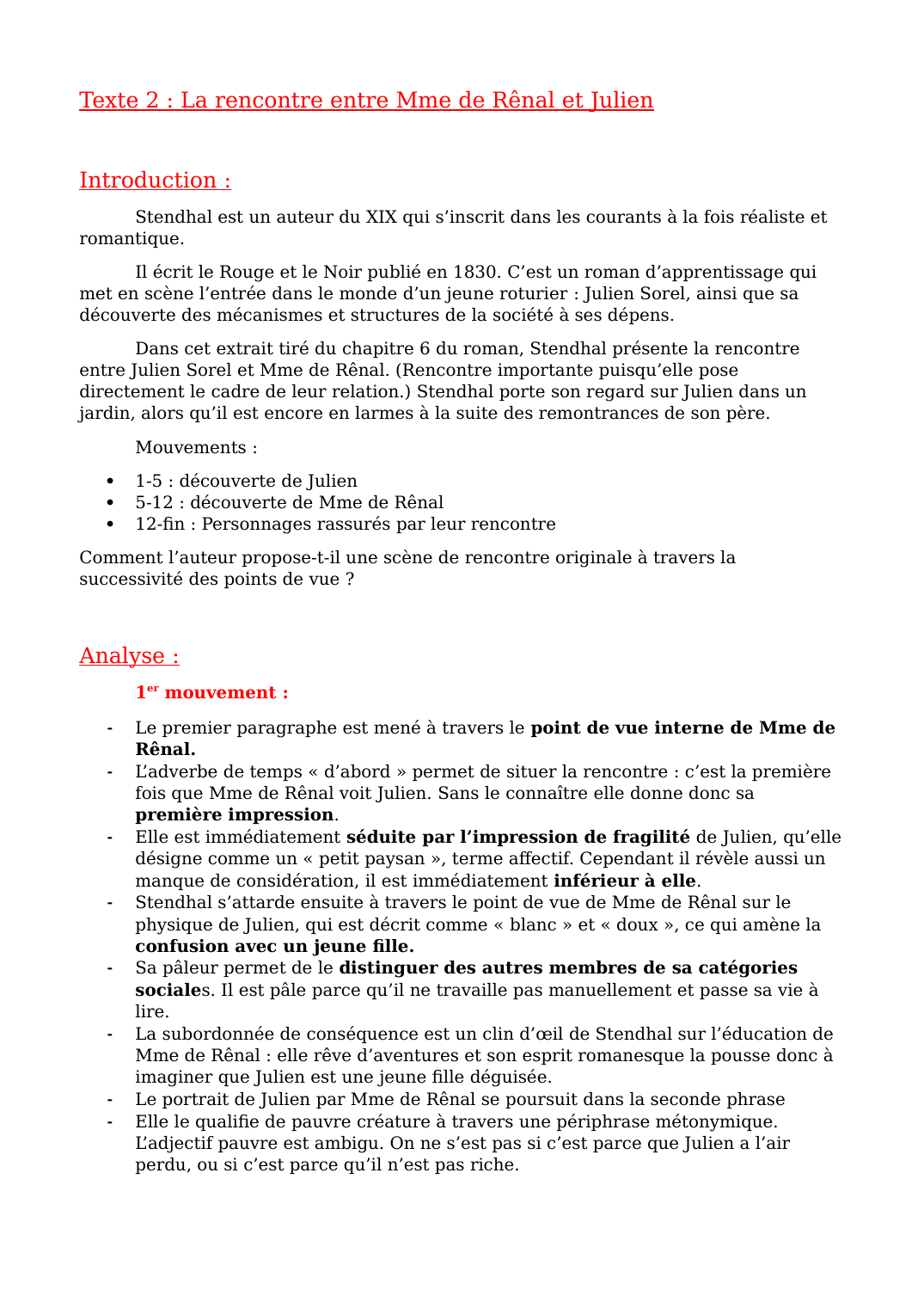 Prévisualisation du document Analyse linéaire de la rencontre entre Mme de Rênal et Julien - Le Rouge et le Noir