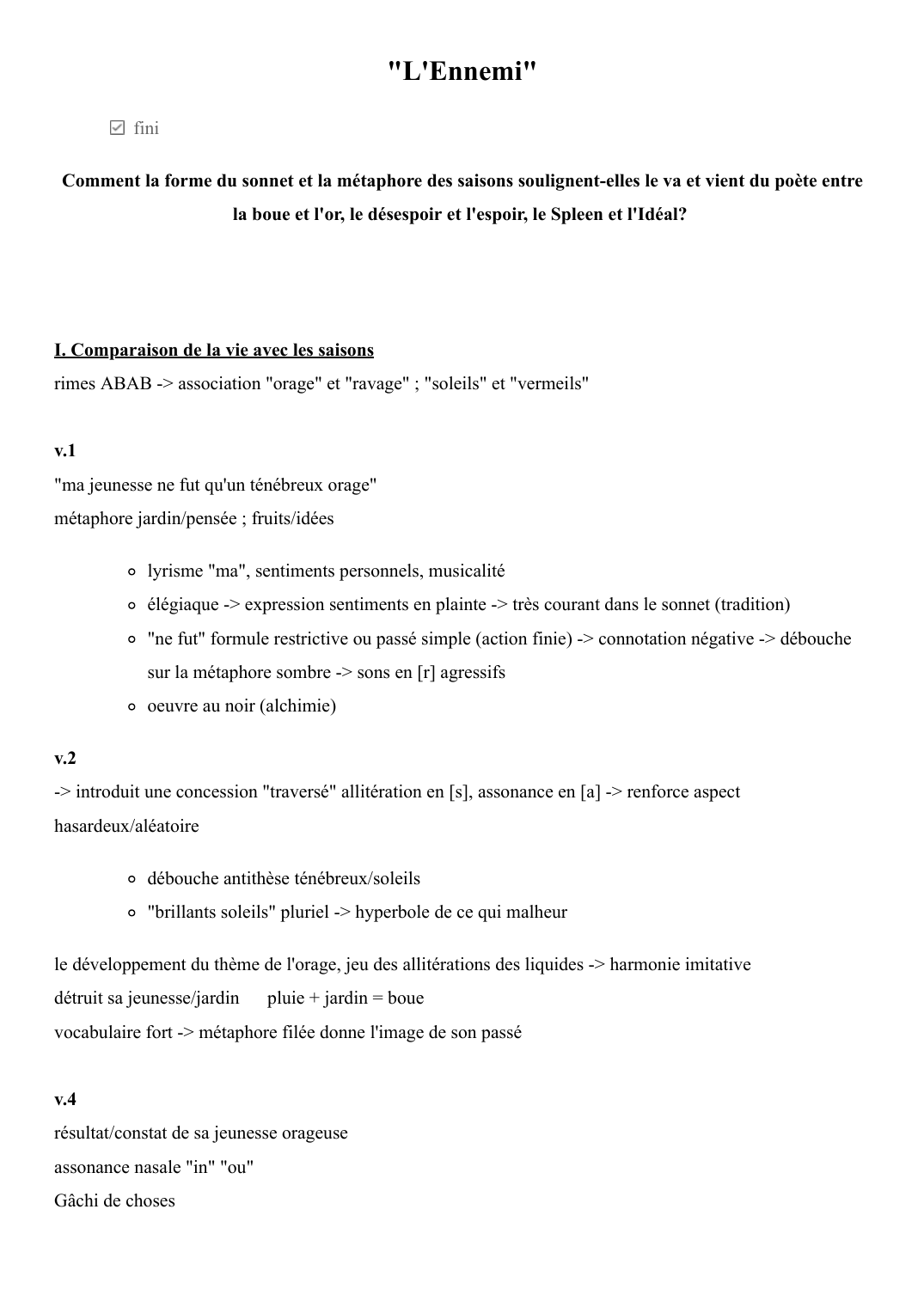 Prévisualisation du document Analyse linéaire de L'Ennemi de Baudelaire