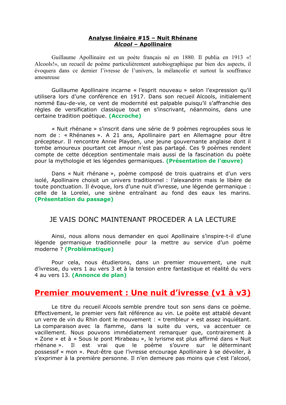 Prévisualisation du document Analyse linéaire de Nuit Rhénane de Alcools d'Apollinaire