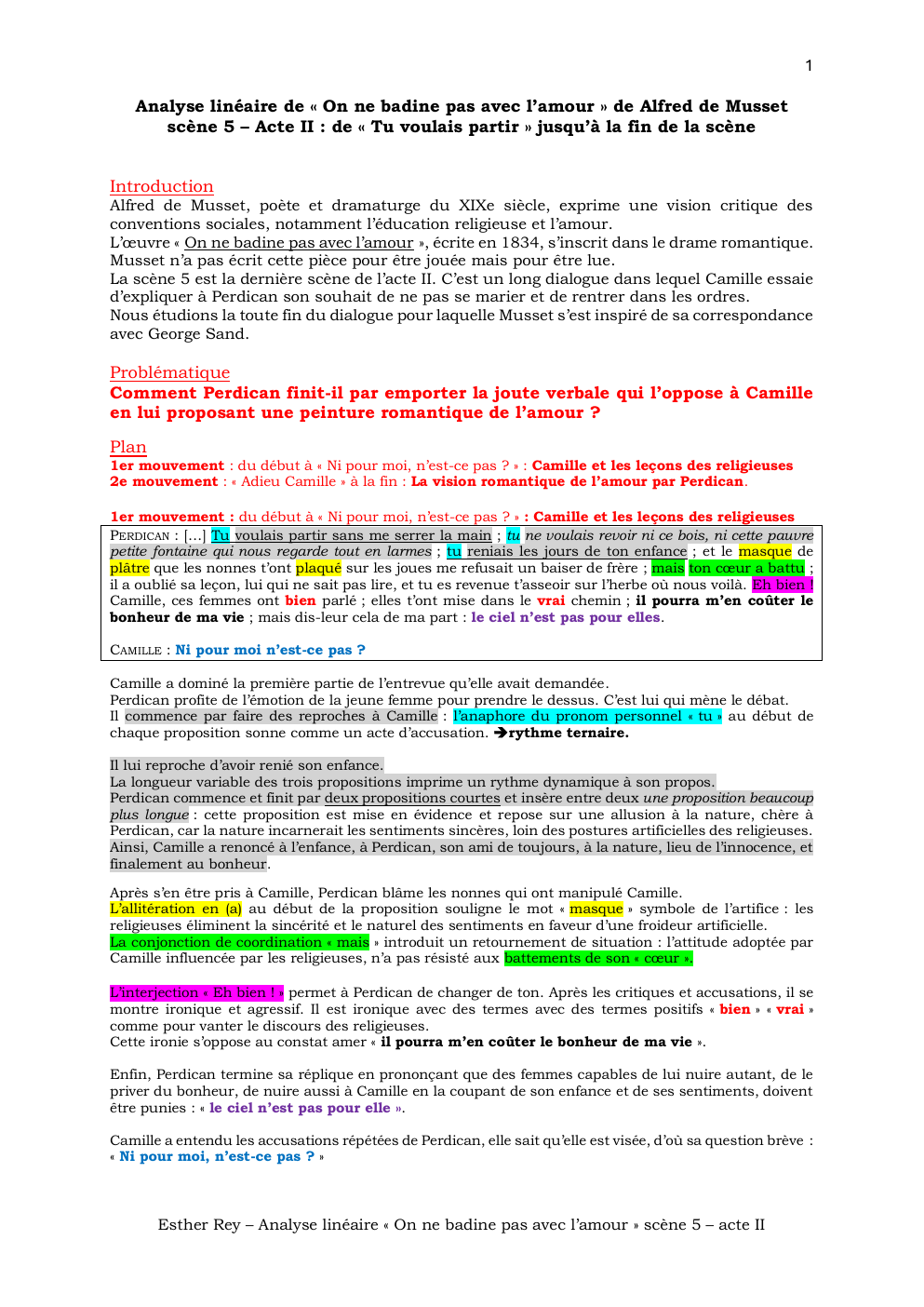 Prévisualisation du document Analyse linéaire de « On ne badine pas avec l’amour » de Alfred de Musset scène 5 – Acte II : de « Tu voulais partir » jusqu’à la fin de la scène