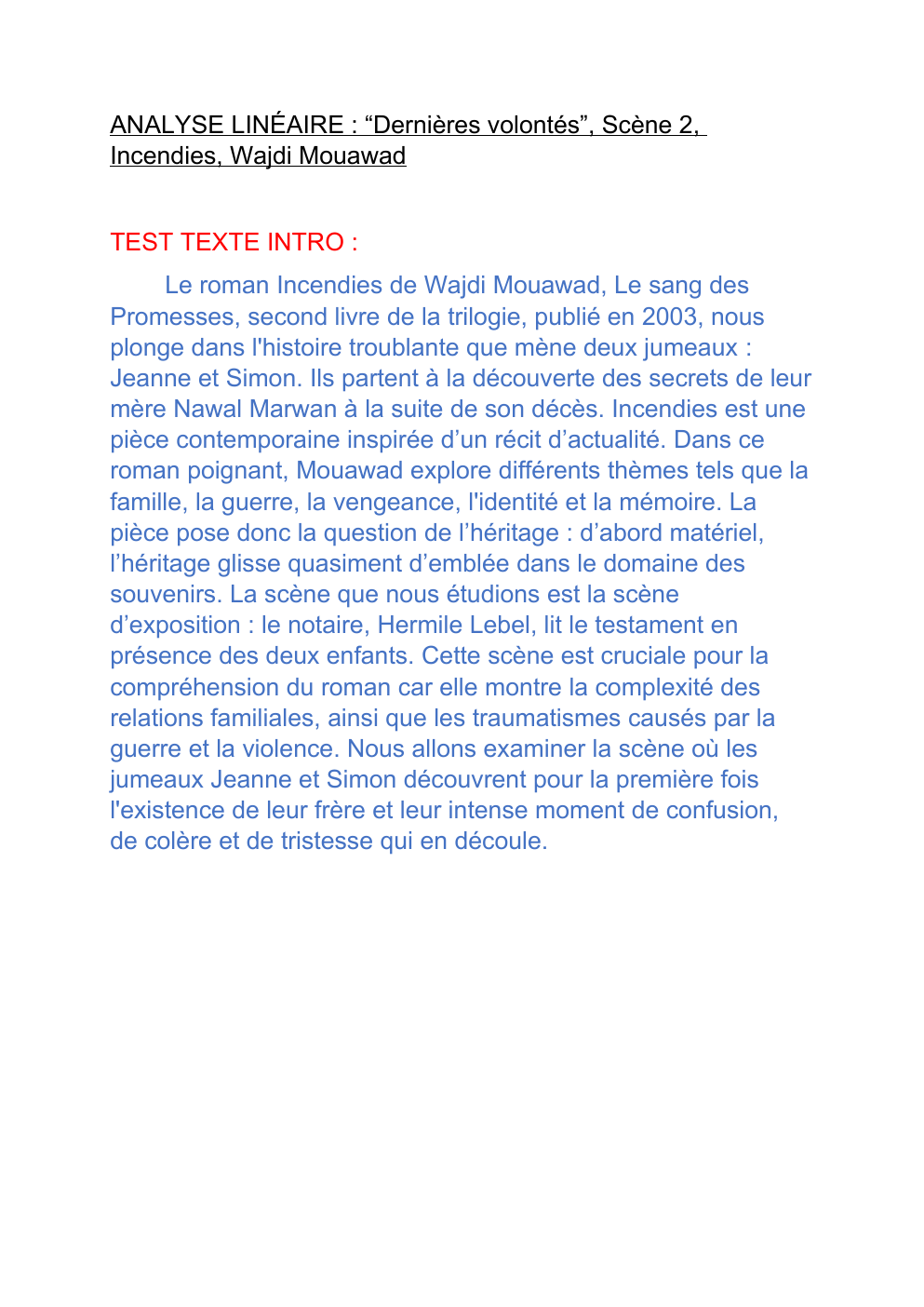 Prévisualisation du document ANALYSE LINÉAIRE : “Dernières volontés”, Scène 2, Incendies, Wajdi Mouawad