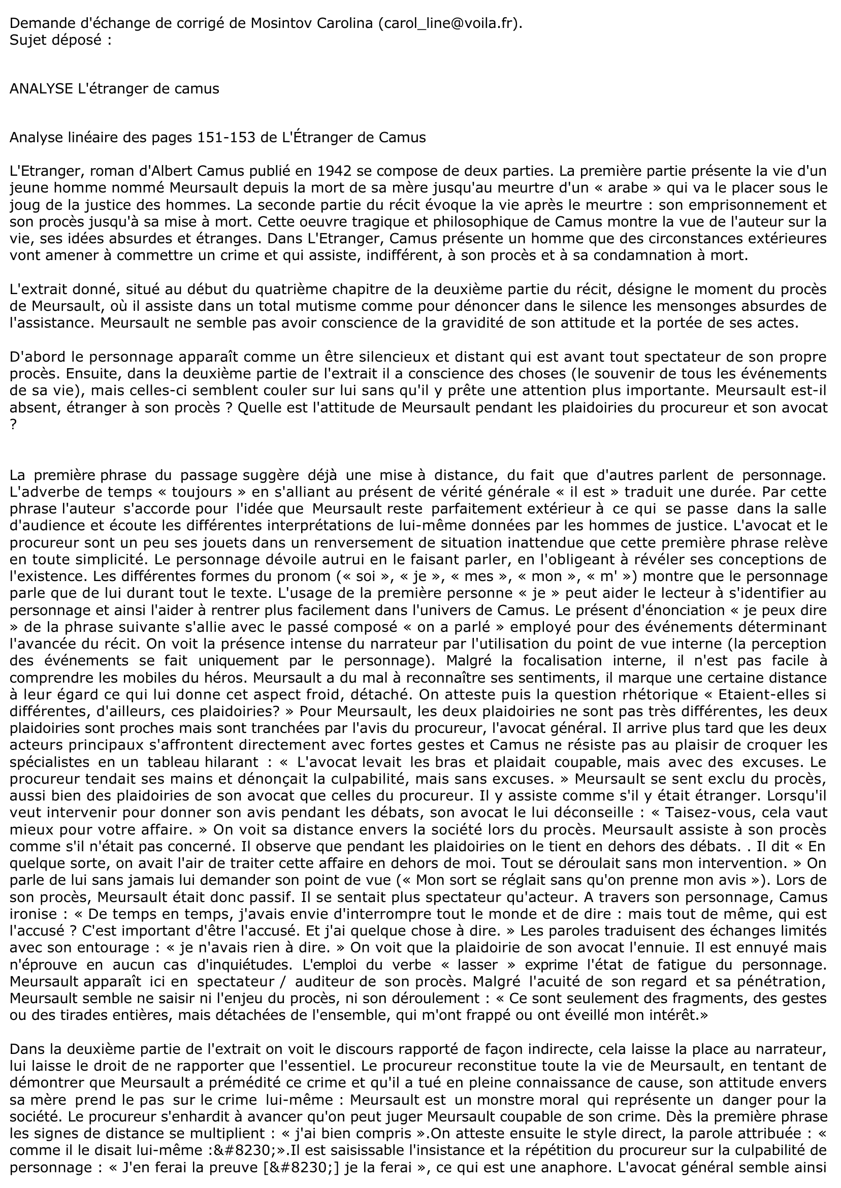 Prévisualisation du document Analyse linéaire des pages 151-153 de L'Étranger de Camus
