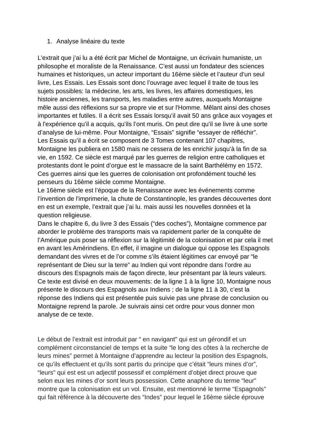 Prévisualisation du document Analyse linéaire du texte - Montaigne - dialogue entre espagnols et indiens