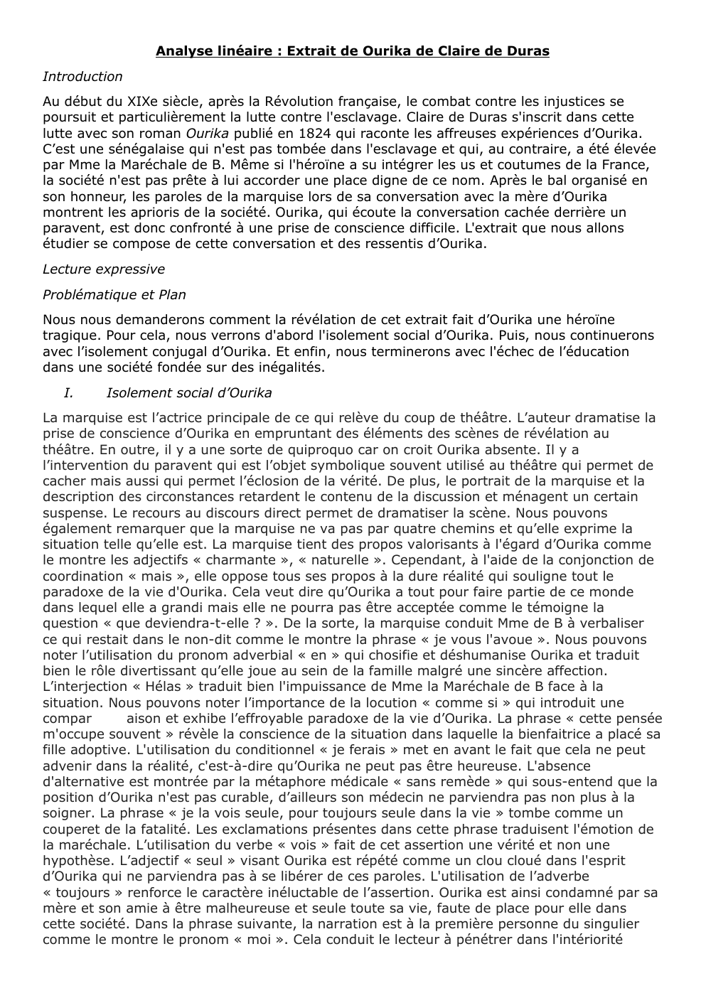 Prévisualisation du document Analyse linéaire : Extrait de Ourika de Claire de Duras