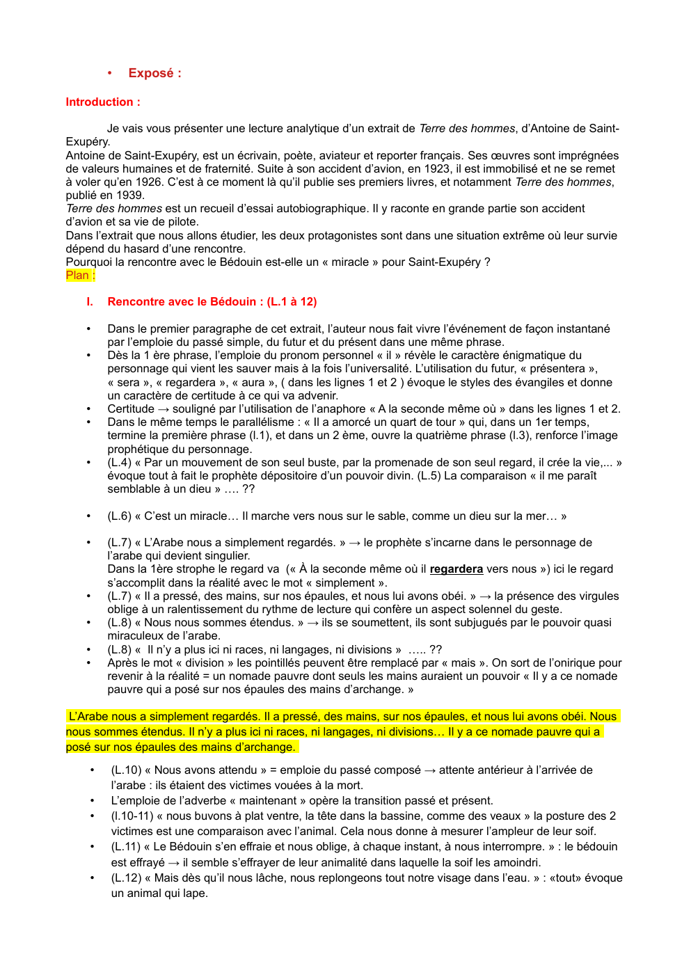 Prévisualisation du document Analyse linéaire: extrait de Terre des hommes, d’Antoine de Saint-Exupéry.