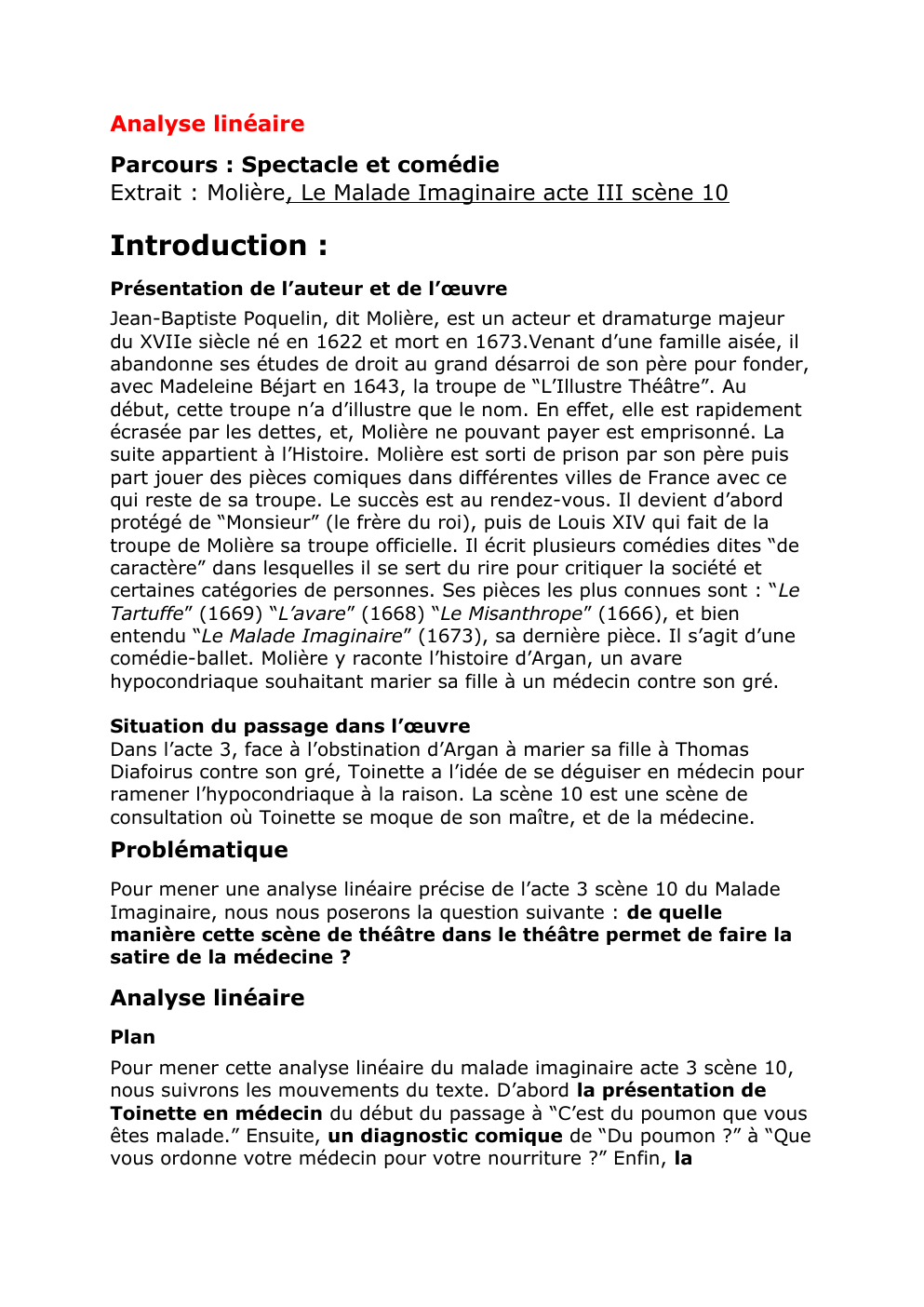 Prévisualisation du document analyse linéaire Extrait : Molière, Le Malade Imaginaire acte III scène 10