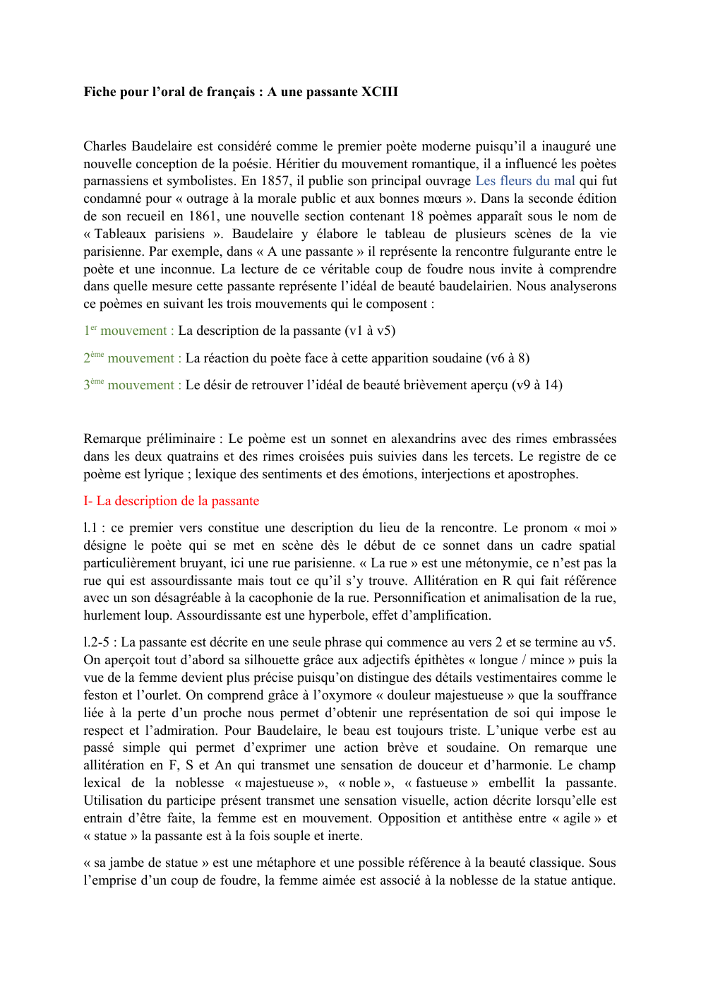 Prévisualisation du document Analyse linéaire Fiche pour l’oral de français : A une passante XCIII