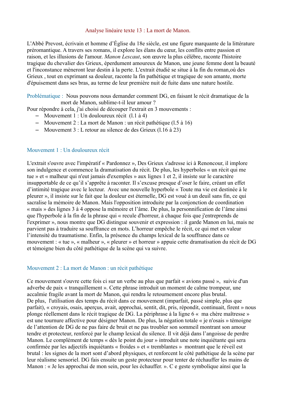 Prévisualisation du document Analyse linéaire français "La mort de Manon"