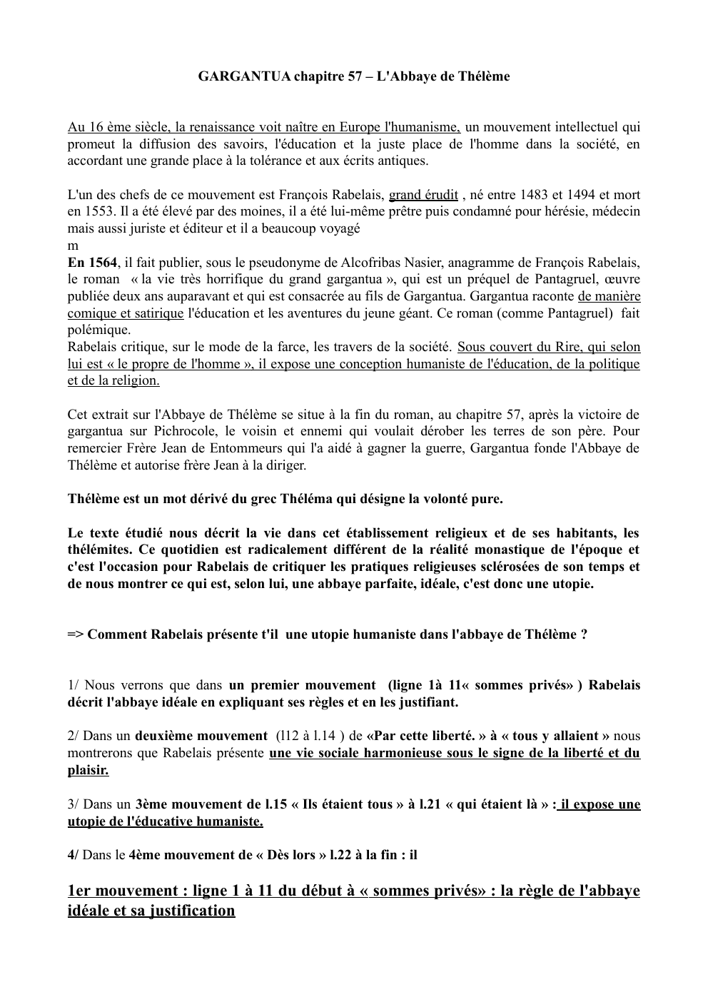 Prévisualisation du document Analyse linéaire Gargantua Abbaye de Thélème