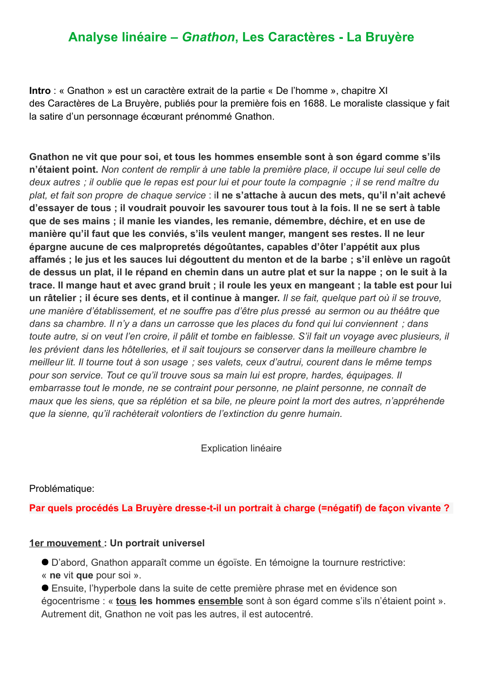 Prévisualisation du document Analyse linéaire - Gnathon La Bruyère Les Caractères