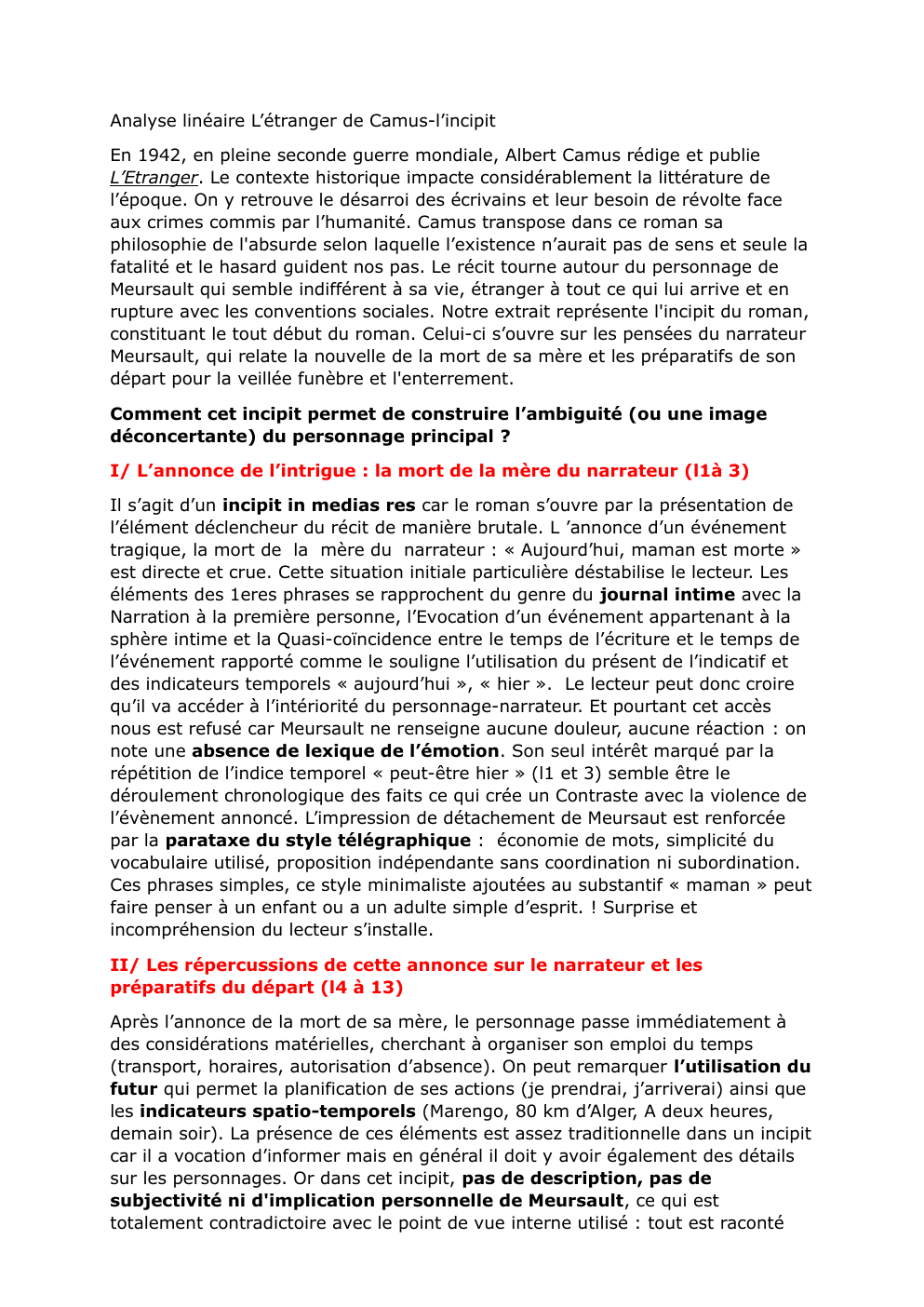 Prévisualisation du document analyse lineaire l etrangerAnalyse linéaire L’étranger de Camus-l’incipit