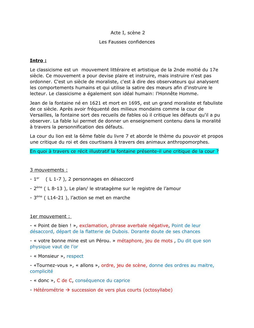 Prévisualisation du document Analyse linéaire "la cours du lion" de Jean de la fontaine