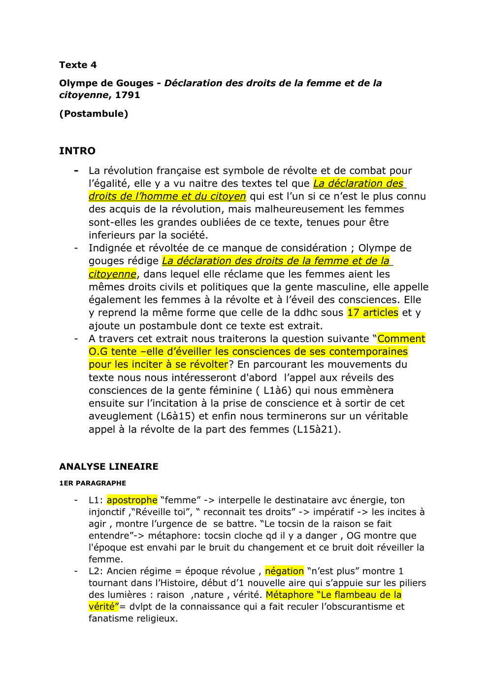 Prévisualisation du document analyse linéaire la ddfc postambule - Olympe de Gouges