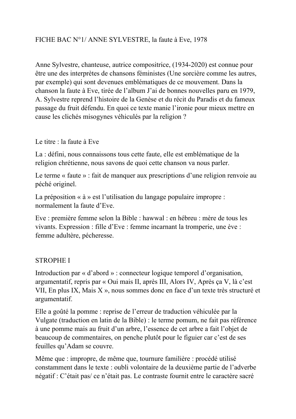 Prévisualisation du document ANALYSE LINEAIRE LA FAUTE A EVE D'ANNE SYLVESTRE